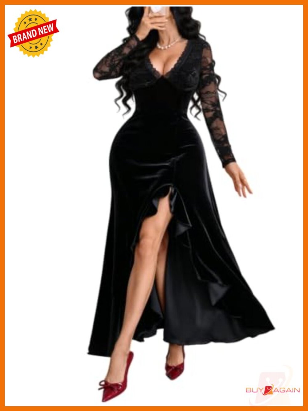 Velvet Lace Long Sleeve Maxi Dress Gothic Formal Gown